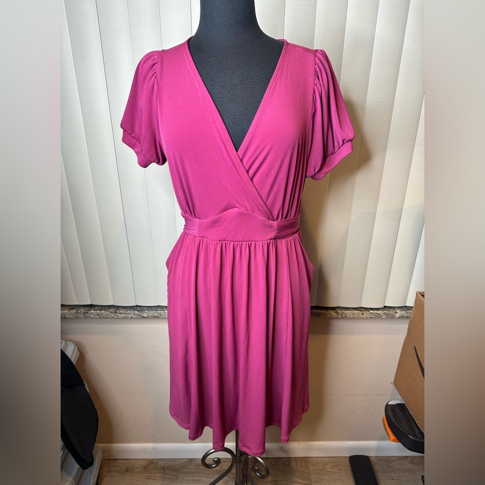 Torrid Mauve V-neck Puff Sleeve Waist Tie  Pleated Dress Size Large